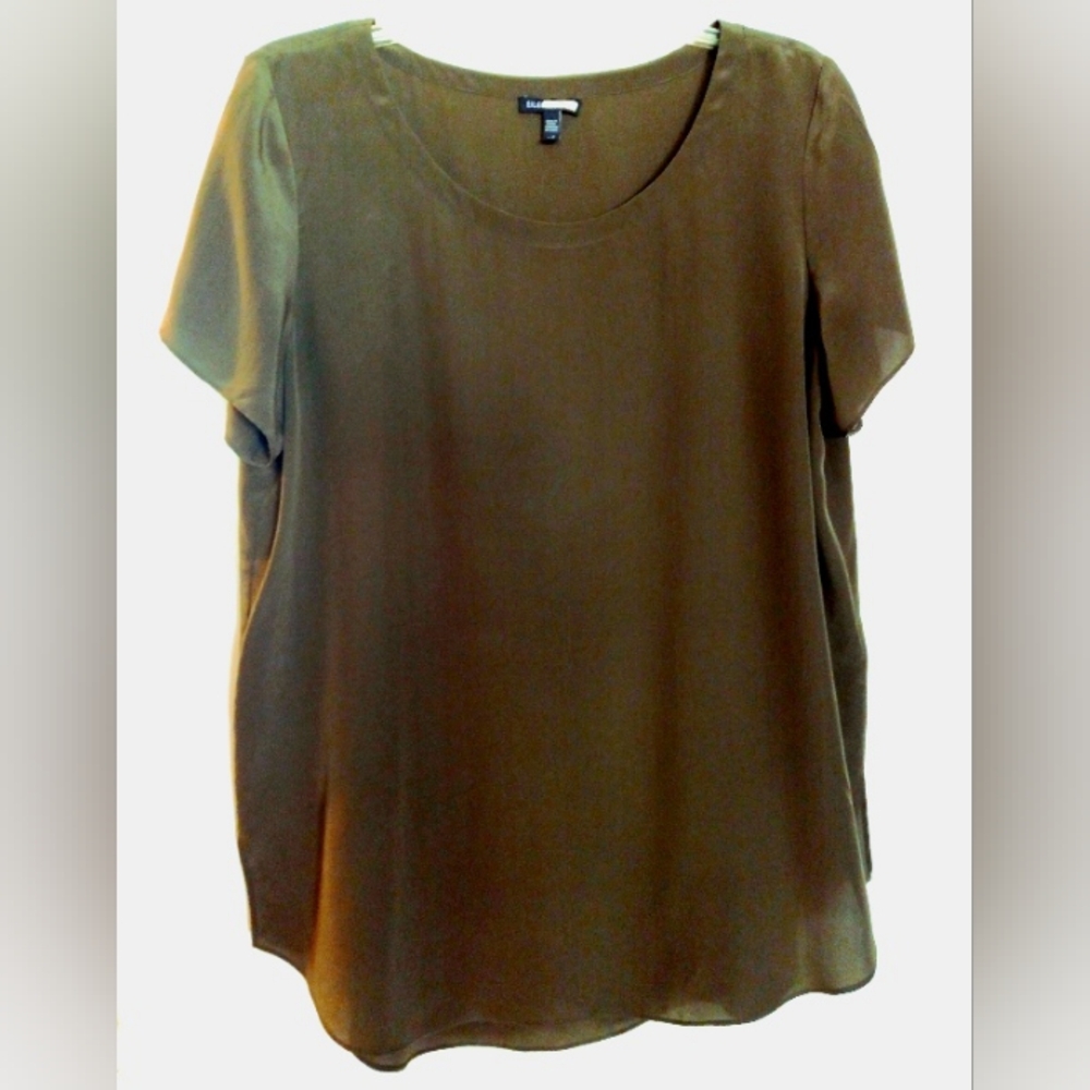 EILEEN FISHER Elegant Minimalist Olive Green 100% Silk Women's Blouse Size Large - Picture 4 of 8